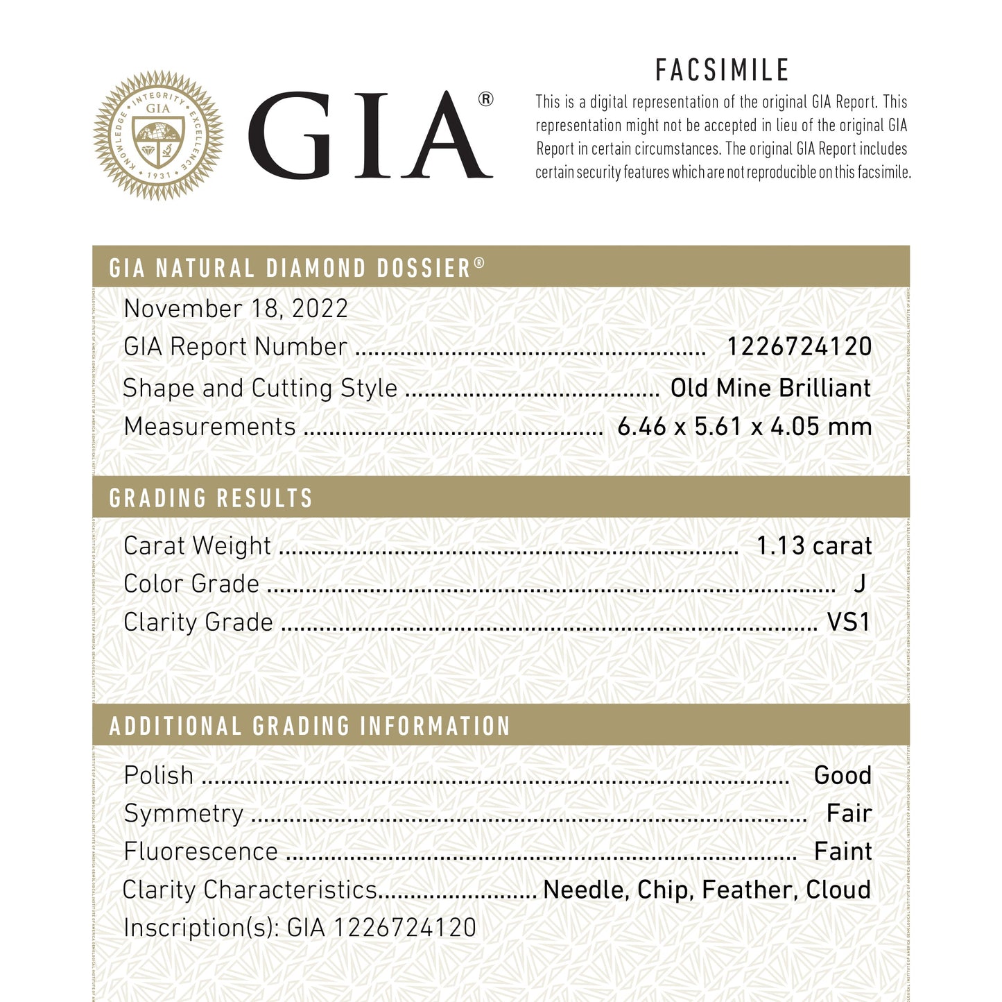 1.13ct 6.46x5.61x4.05mm GIA VS1 J アンティーク オールド マイン カット 22470-01