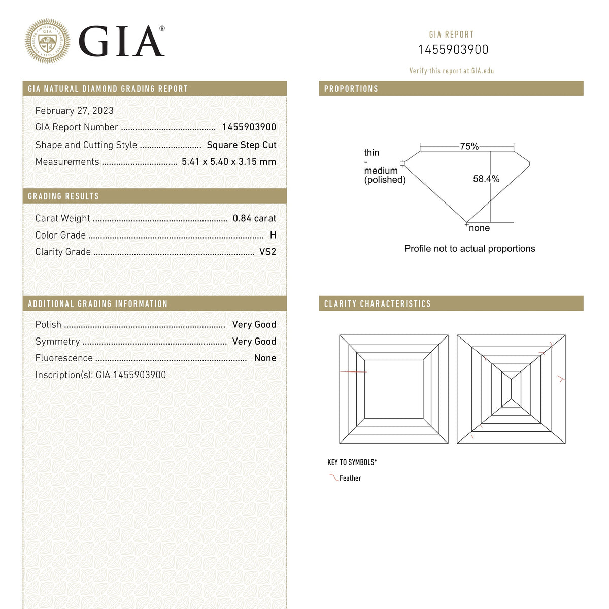 0.84カラット 5.39x5.39x3.12mm GIA H VS2 カレステップカット 23034-01