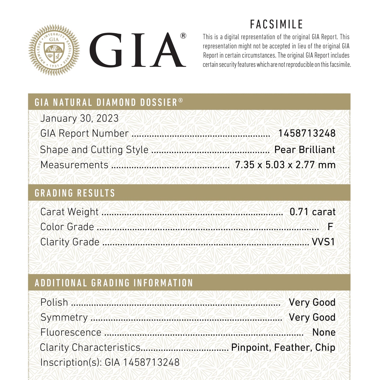 0.71ct 7.35x5.03x2.77mm GIA VVS1 F ペア ブリリアント 24447-01