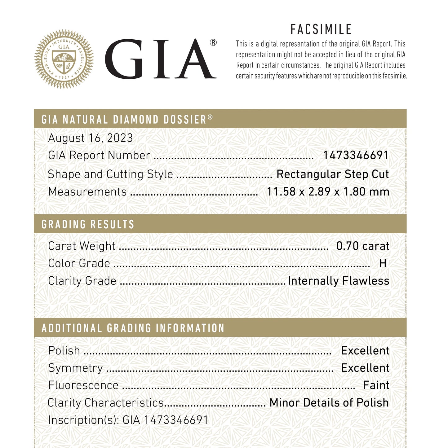 0.70ct 11.58x2.89x1.80mm GIA インターナルフローレス H バゲット ステップカット 24300-01