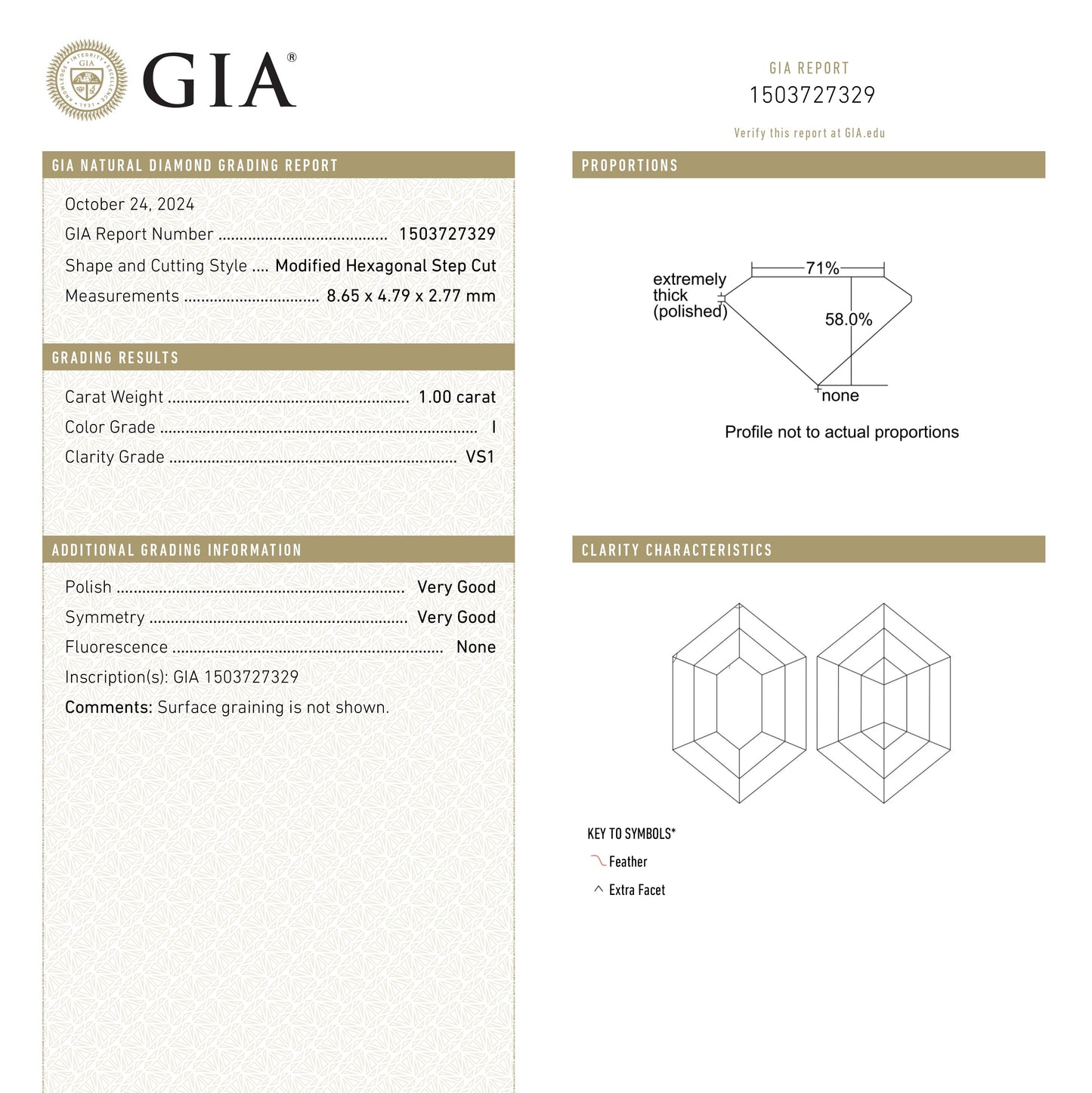 1.00ct 8.65x4.79x2.77mm GIA VS1 I ヘキサゴン ステップ カット 25803-08