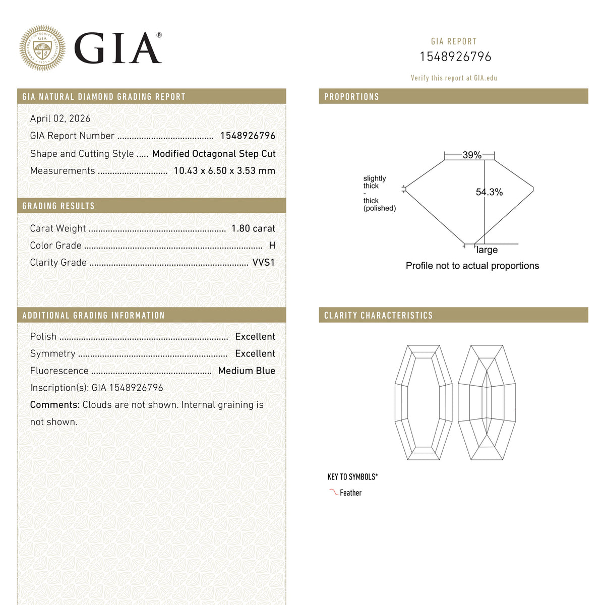 1.80カラット 10.43x6.50x3.53mm GIA VVS1 H カットコーナーステップカット 28011-01