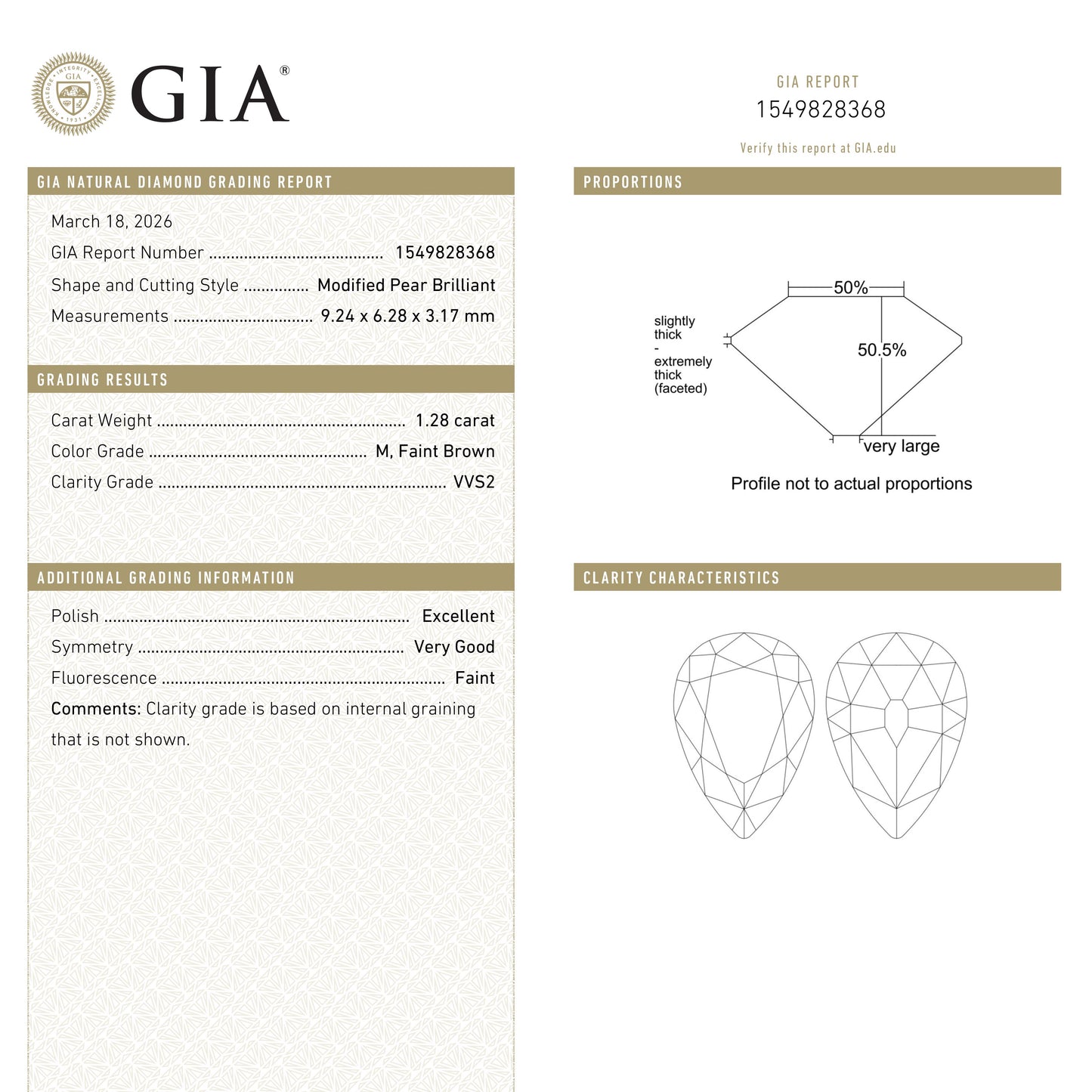 1.28ct 9.24x6.28x3.17mm GIA VVS2 M Pear Brilliant 28021-01