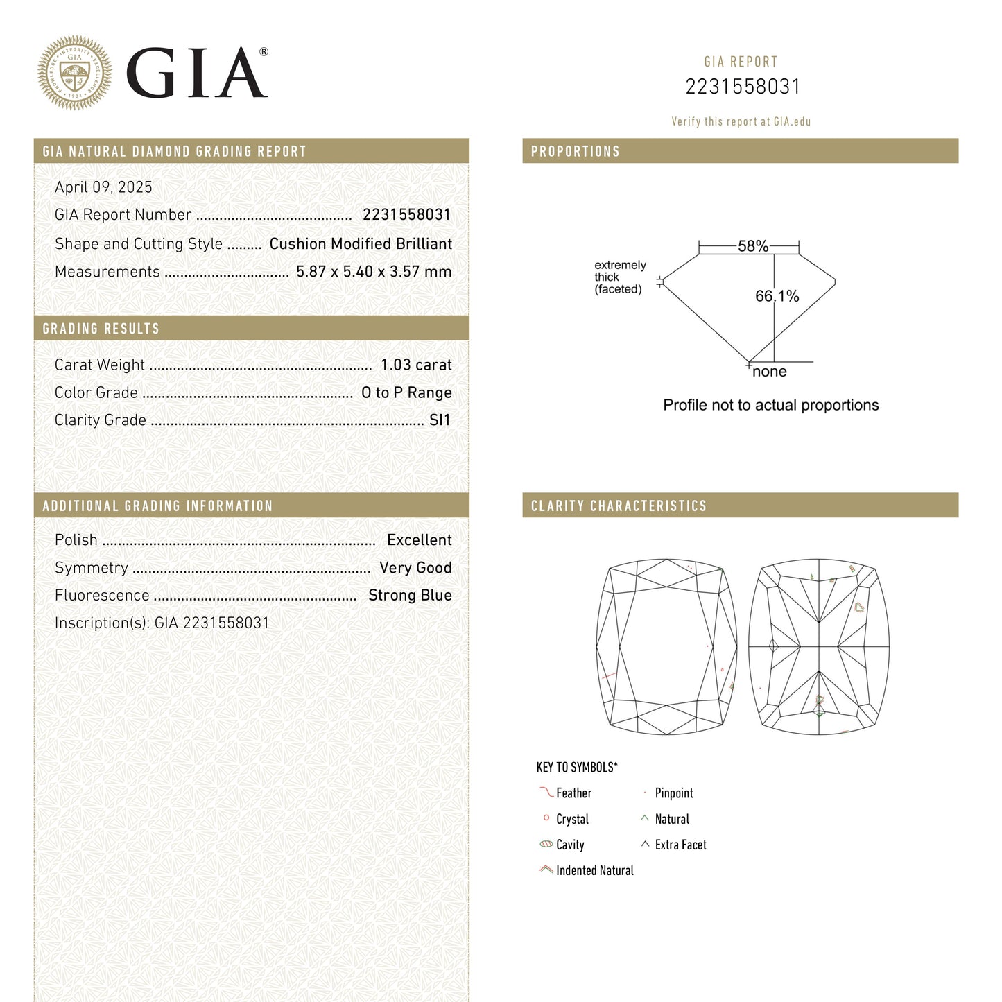 1.03ct 5.84x5.36x3.52mm GIA SI1 OP クッションブリリアント 🇦🇺 24114-01