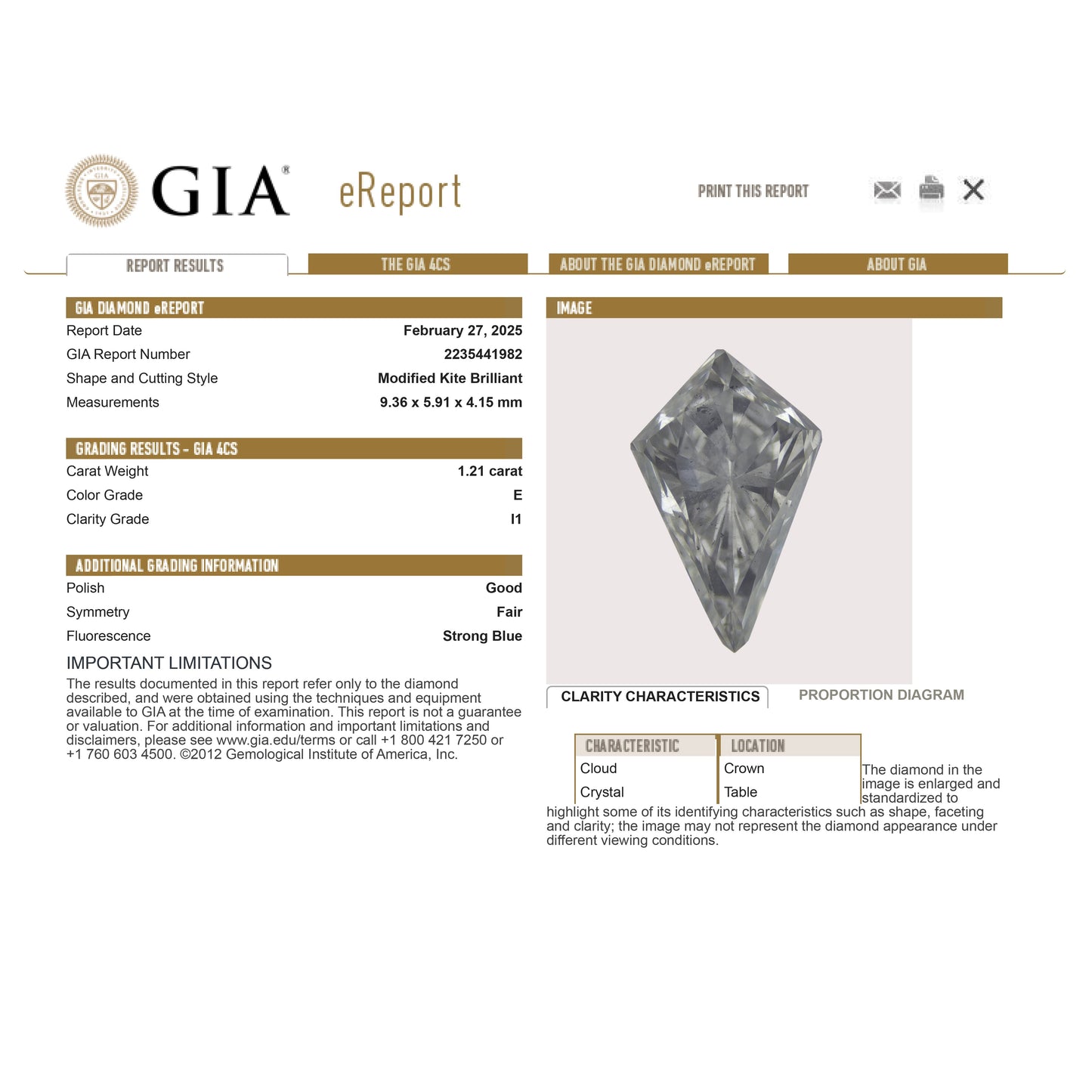 1.21ct 9.36x5.91x4.15mm GIA I1 E Kite Brilliant 26169-01