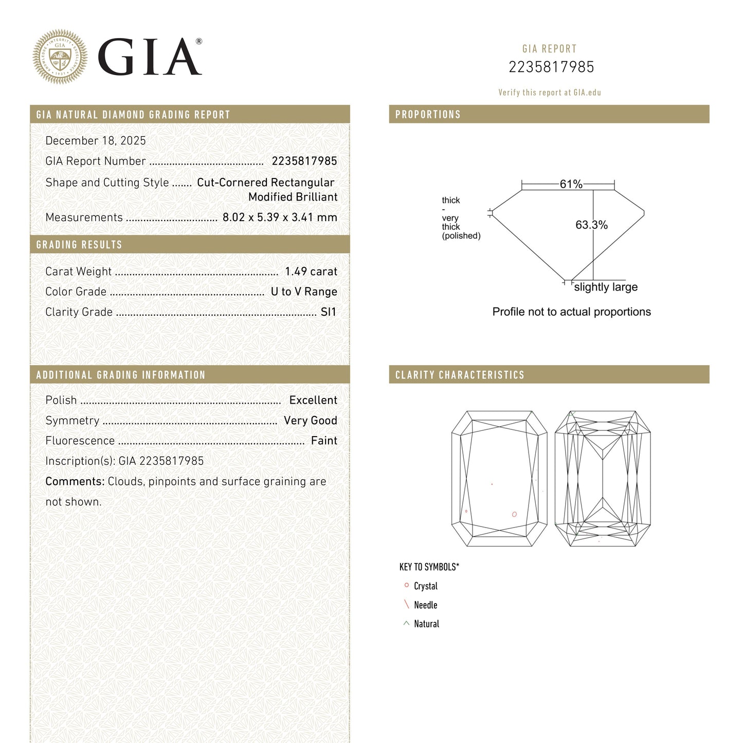 1.49ct 8.02x5.39x3.41mm GIA SI1 U-V Cut Corner Rectangle Brilliant 27392-01