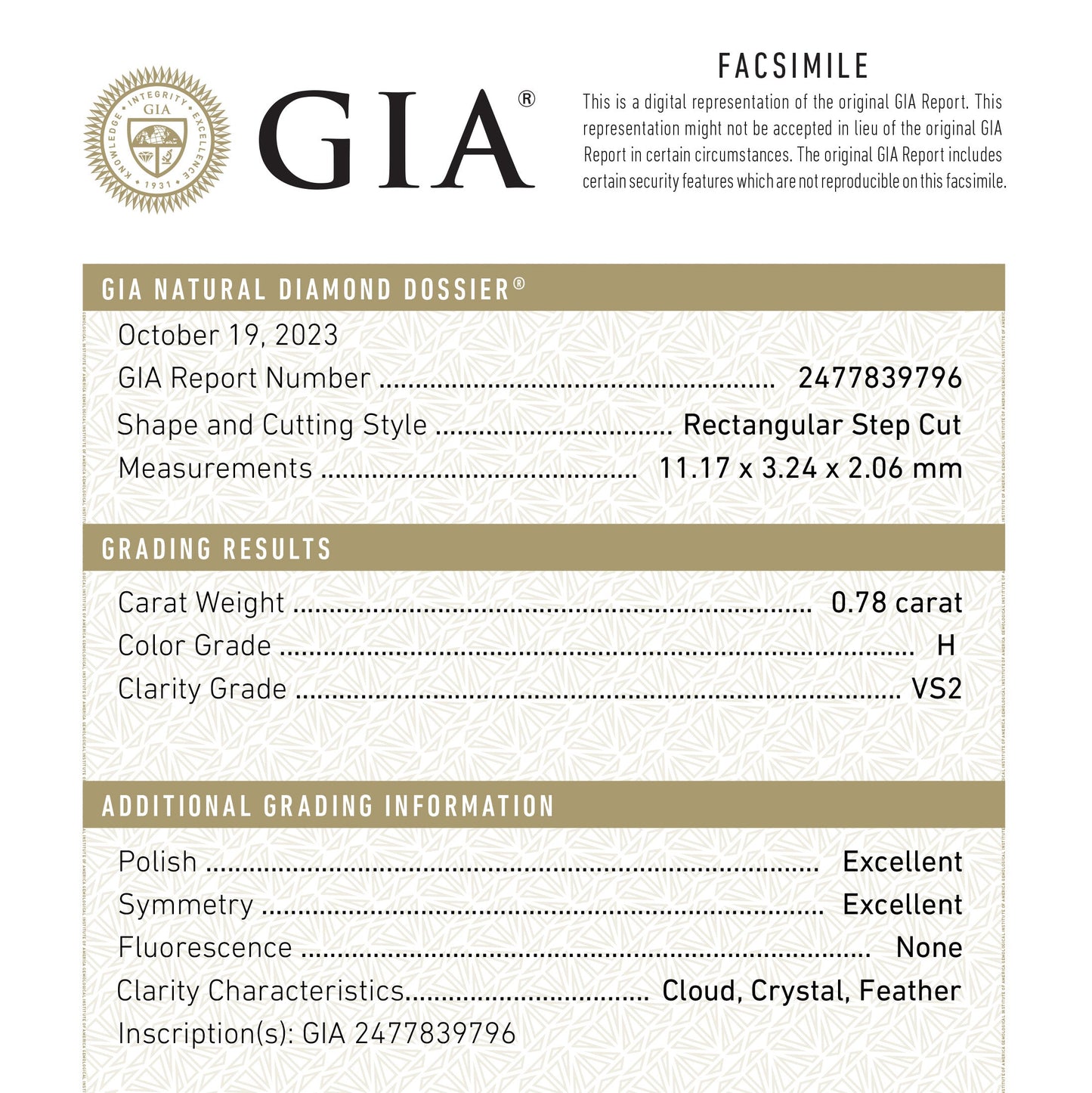 0.78ct 11.17x3.24x2.06mm GIA VS2 H バゲット ステップ カット 24303-01
