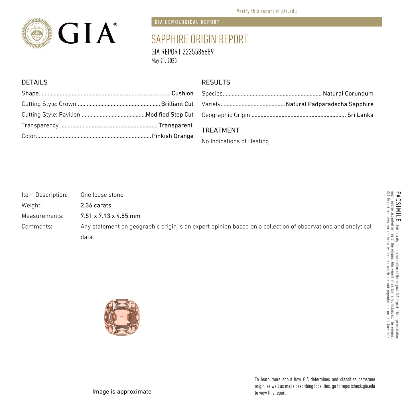 2.36ct 7.51x7.13x4.85mm GIA パパラチャ クッション ブリリアント サファイア 27417-01
