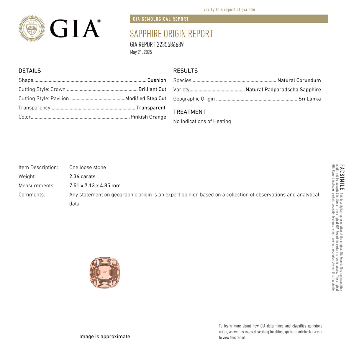 2.36ct 7.51x7.13x4.85mm GIA パパラチア クッションブリリアントサファイア 27417-01