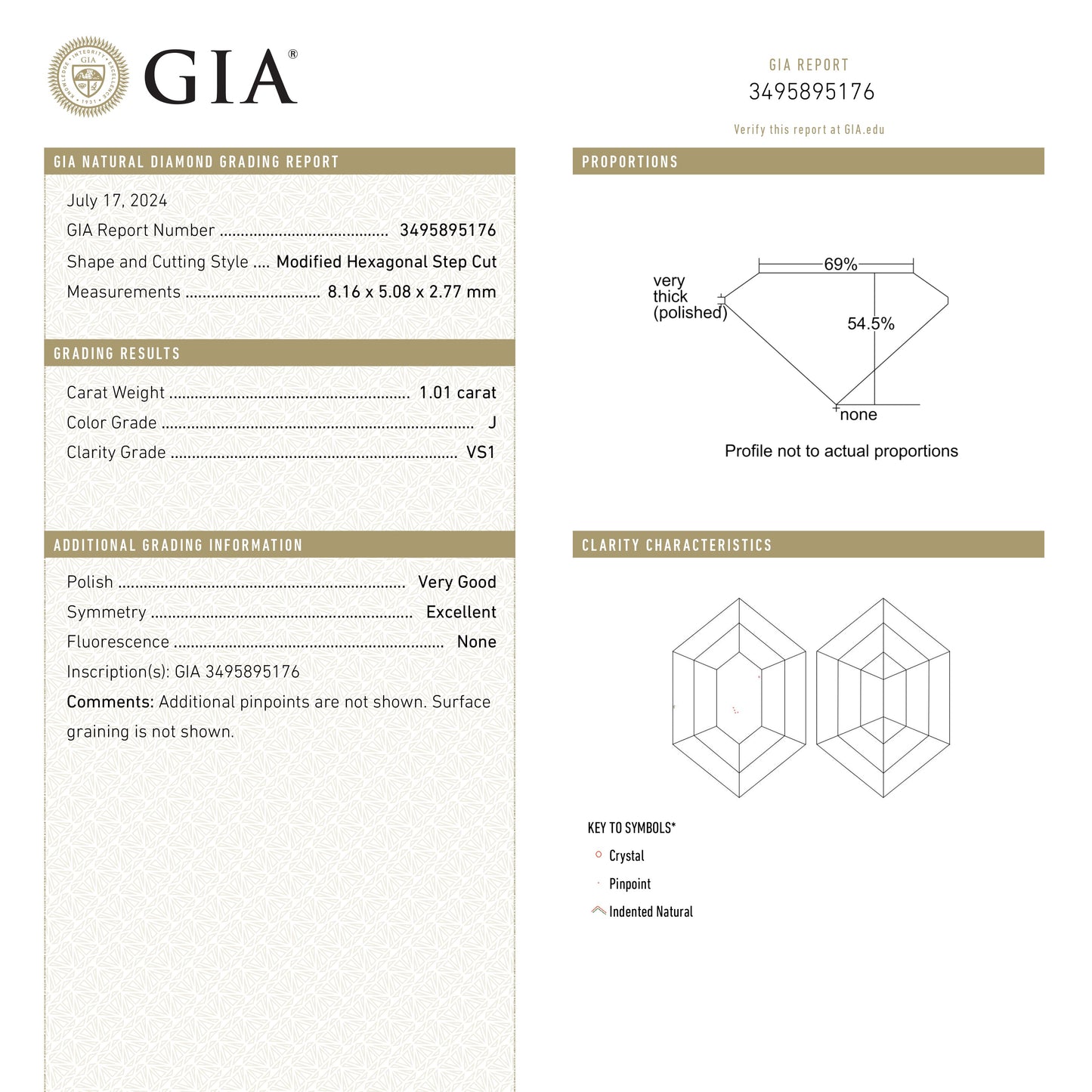 1.01ct 8.16x5.08x2.77mm GIA VS1 J ヘキサゴン ステップカット 25803-02