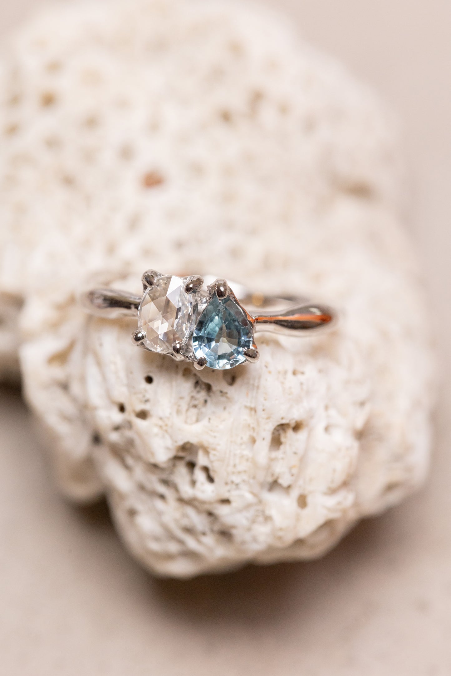 0.2ct Rosecut Diamond + Pear Shape Teal Sapphire, Pt900, with Prongs