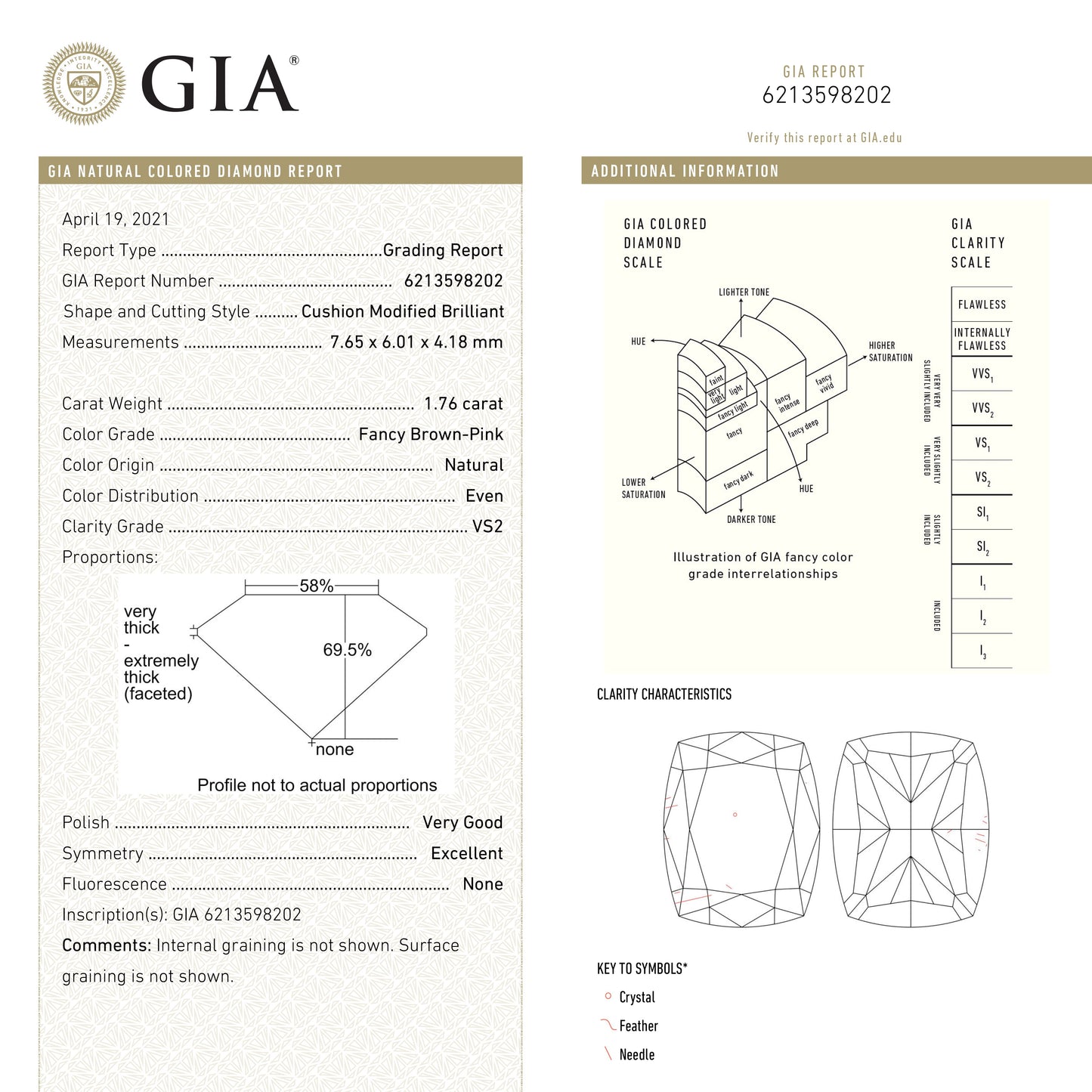 1.76ct 7.65x6.01x4.18mm GIA VS2 ファンシー ブラウン ピンク クッション ブリリアント 🇨🇦 24111-01