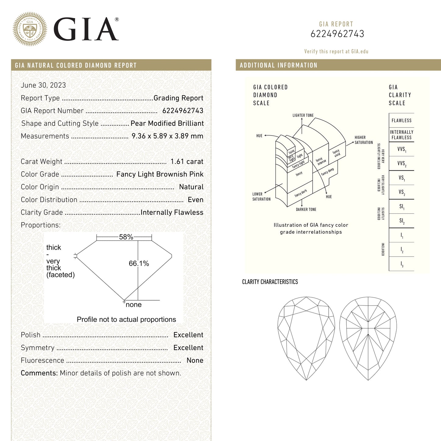 1.61ct 9.36x5.89x3.89mm GIA 内部的に完璧なファンシー ライト ブラウンがかったピンク ペア ブリリアント 24160-01