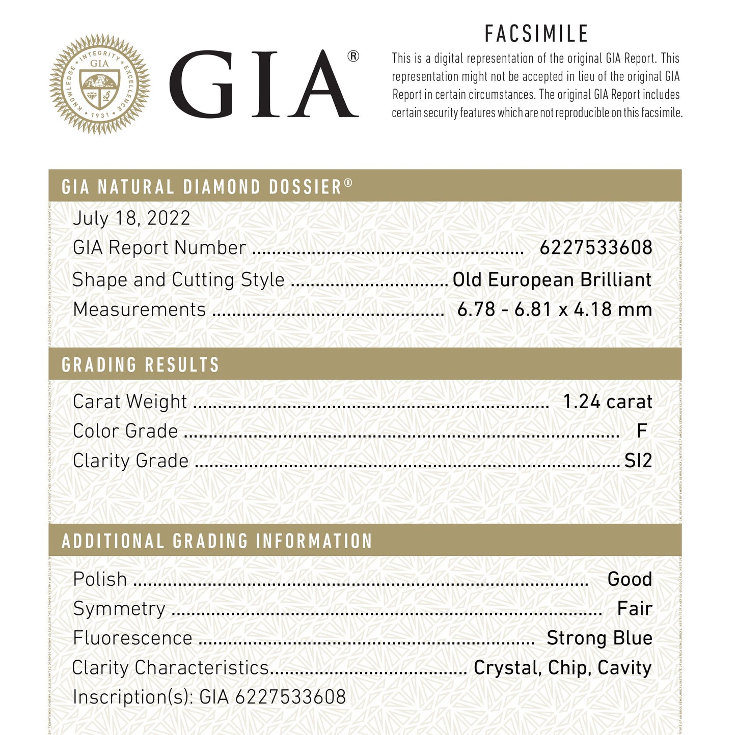 1.24ct 6.81x6.78x4.18mm GIA SI2 F アンティーク オールド ヨーロピアン カット 22065-01