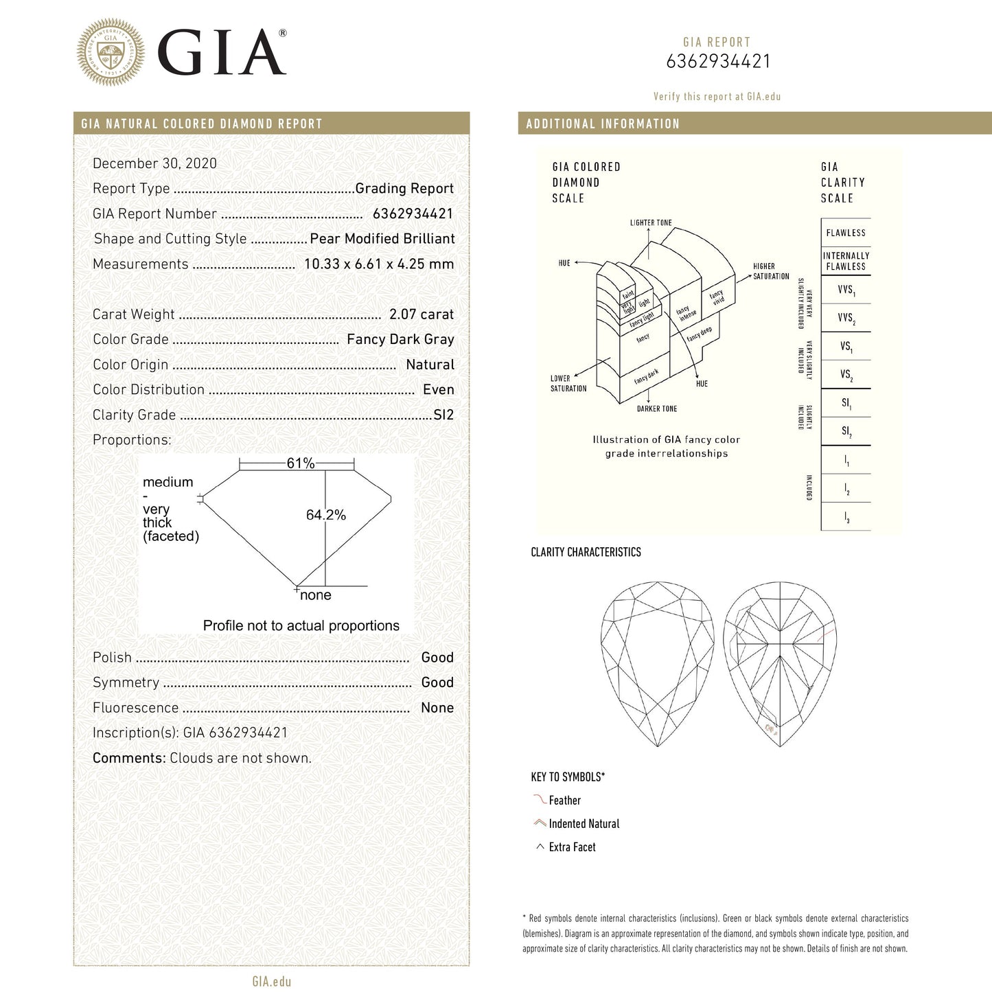 2.07カラット 10.33x6.61x4.25mm GIA SI2 ファンシーダークグレー ペアブリリアント 19549-01
