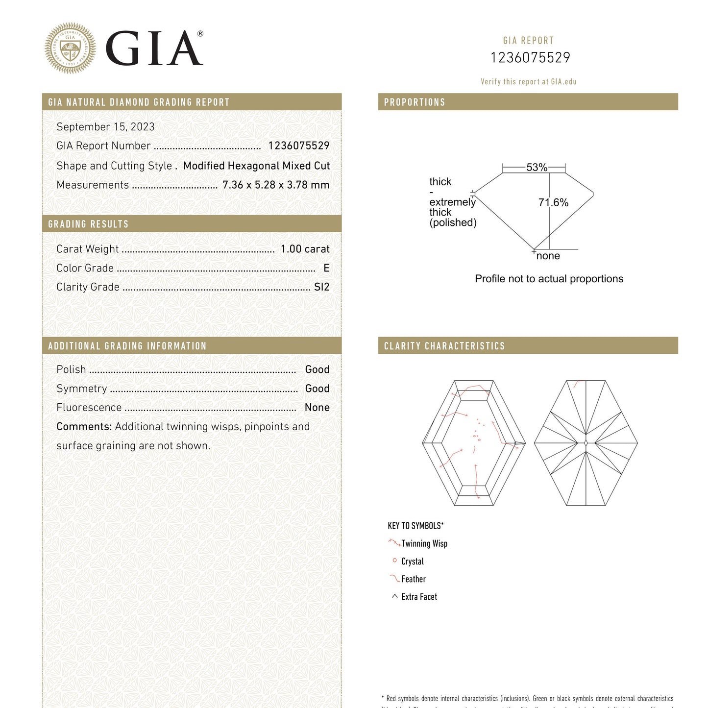 1.00ct 7.36x5.28x3.78mm GIA SI2 E ヘキサゴン ブリリアント 23901-01