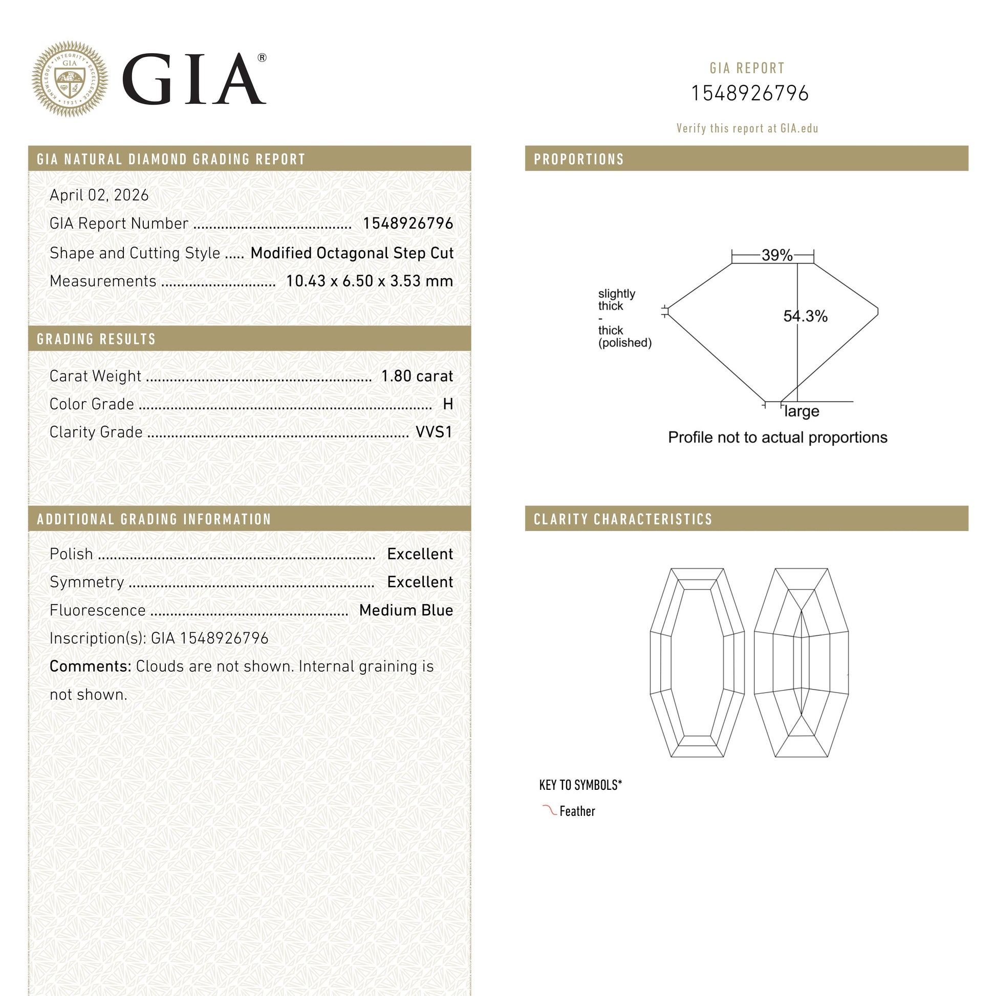 1.80ct 10.43x6.50x3.53mm GIA VVS1 H Cut Corner Rectangle Step Cut 28011-01