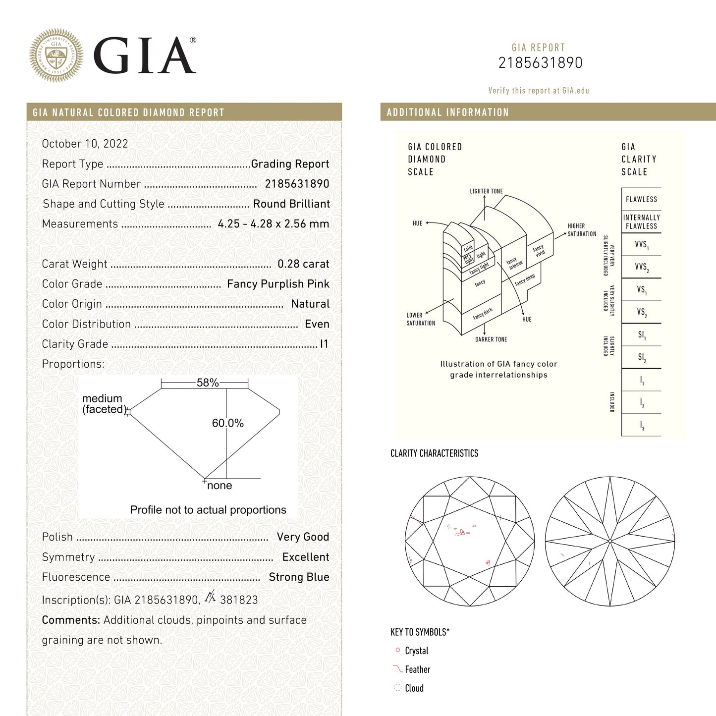 0.28ct 4.28x4.25x2.56mm GIA I1 ファンシー パープリッシュ ピンク ラウンド ブリリアント 24167-01