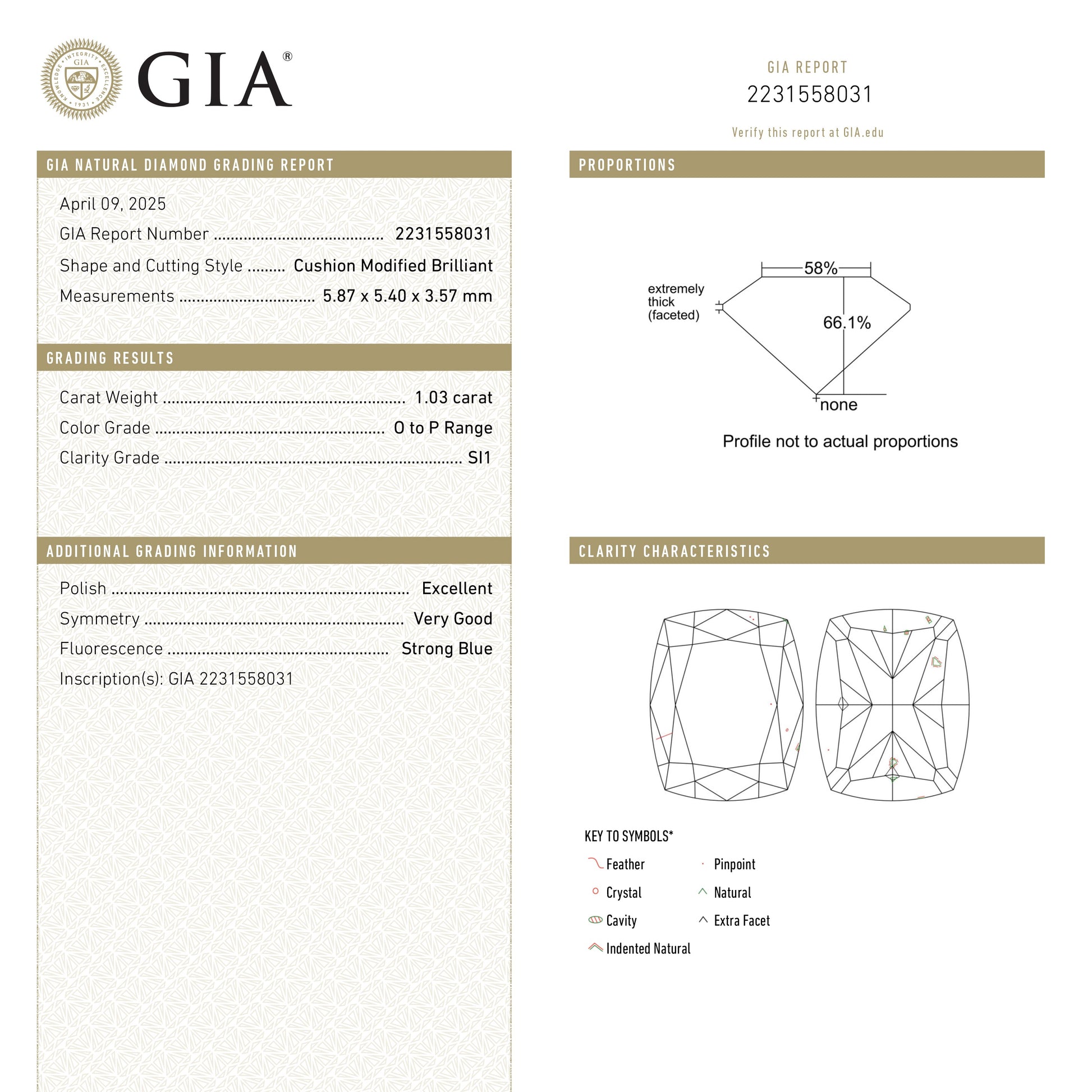 1.03ct 5.84x5.36x3.52mm GIA SI1 OP クッションブリリアント 🇦🇺 24114-01