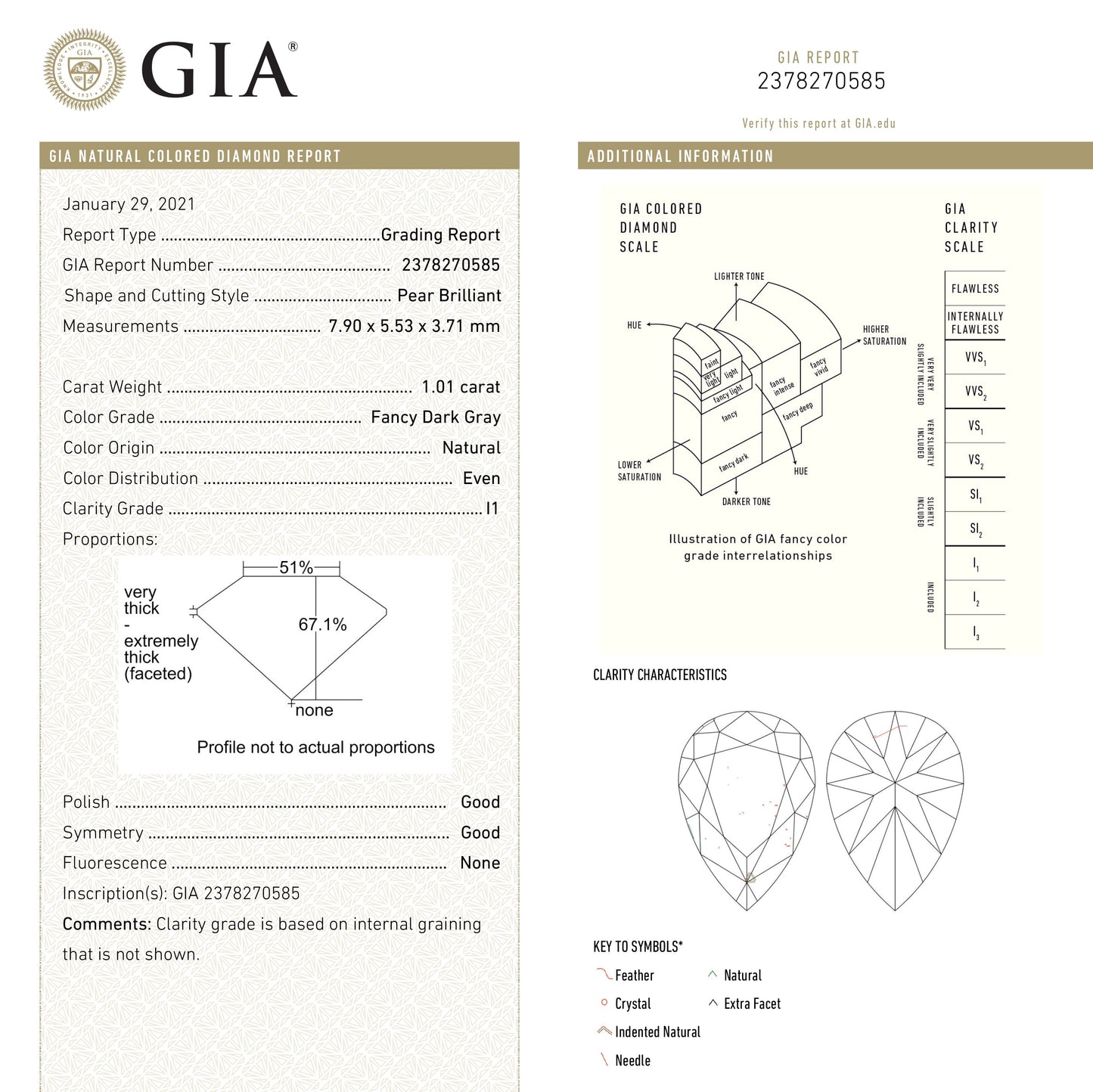 1.01ct 7.90x5.53x3.71mm GIA I1 ファンシー ダーク グレー ペア ブリリアント 19544-01