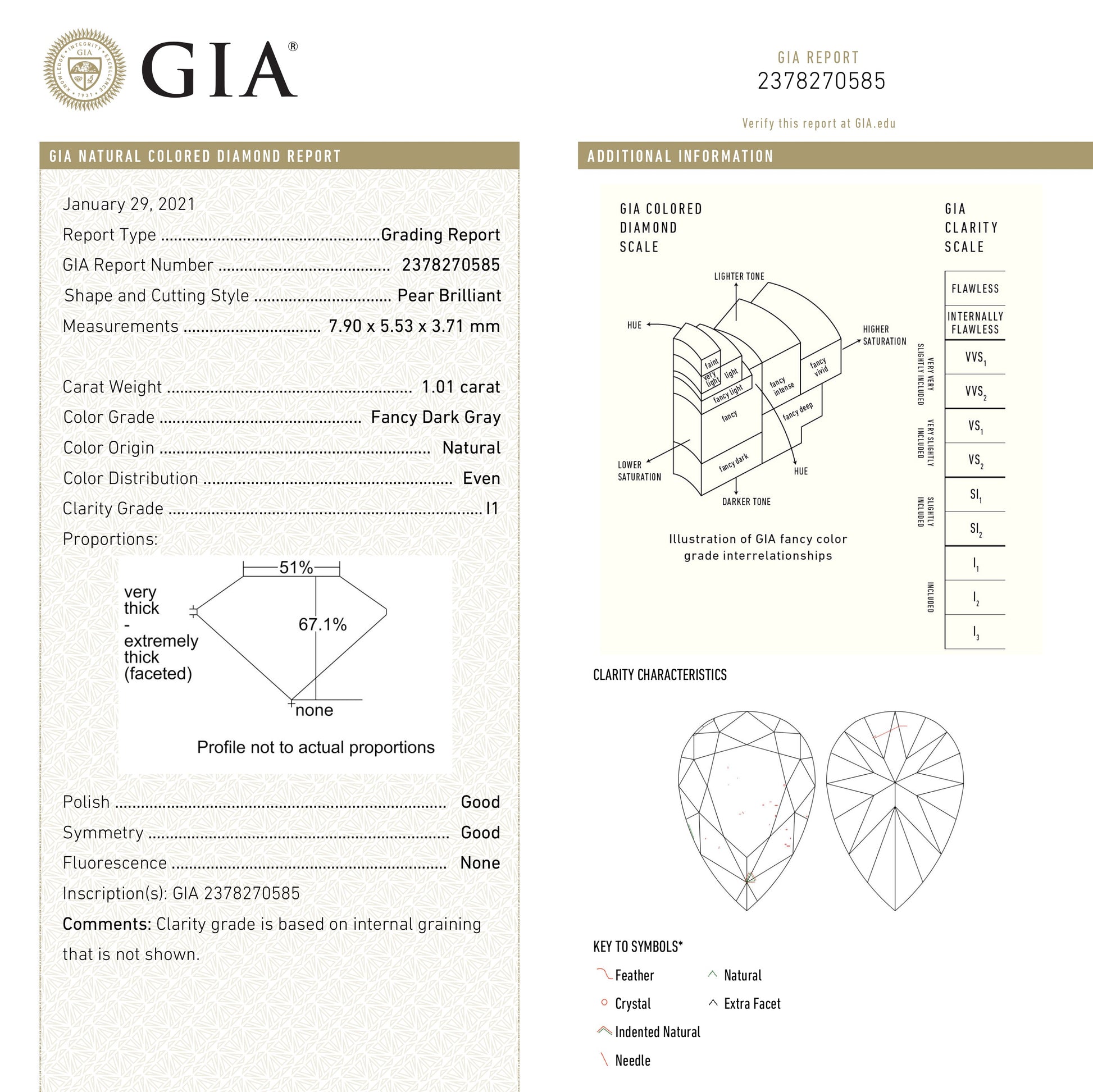 1.01ct 7.90x5.53x3.71mm GIA I1 ファンシー ダーク グレー ペア ブリリアント 19544-01