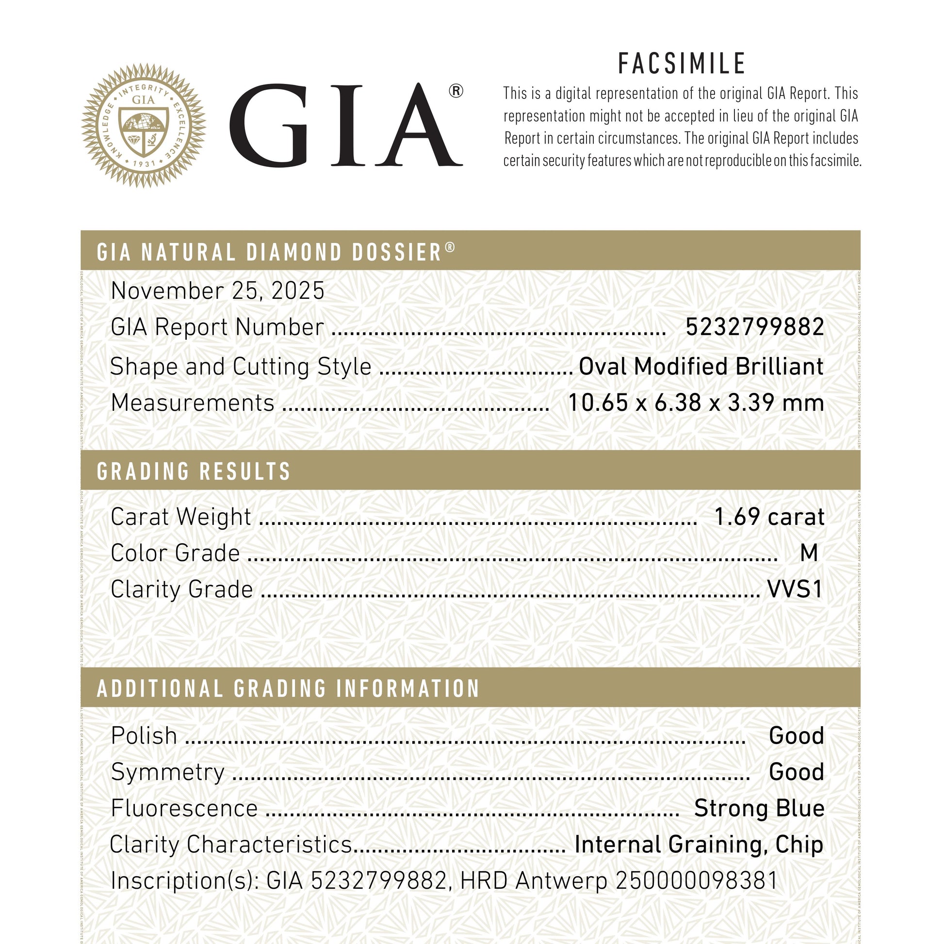 1.69ct 10.64x6.37x3.38mm GIA VVS1 M Modern Antique Moval Brilliant 27404-01