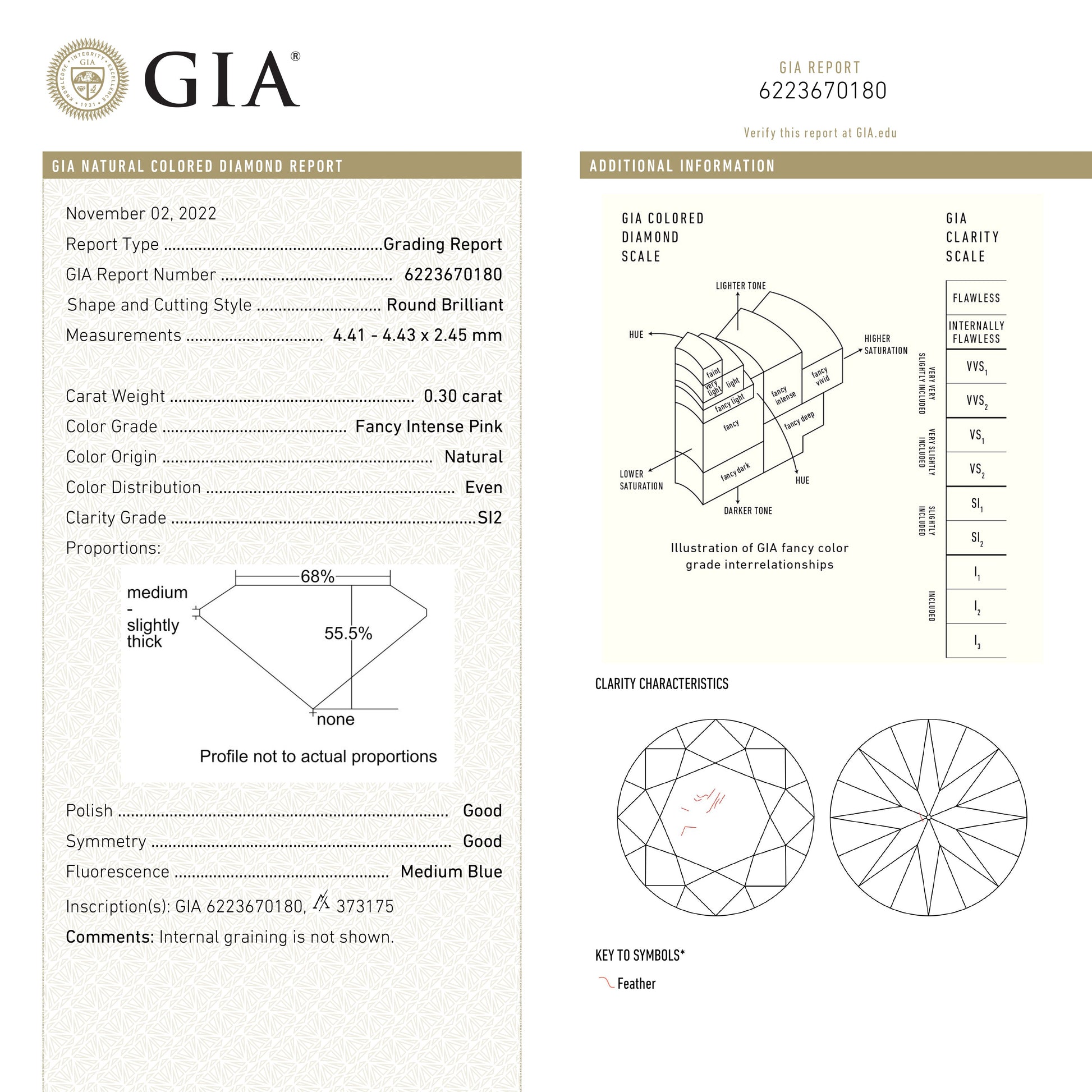 0.30ct 4.43x4.41x2.45mm GIA SI2 Fancy Intense Pink Round Brilliant 24144-01