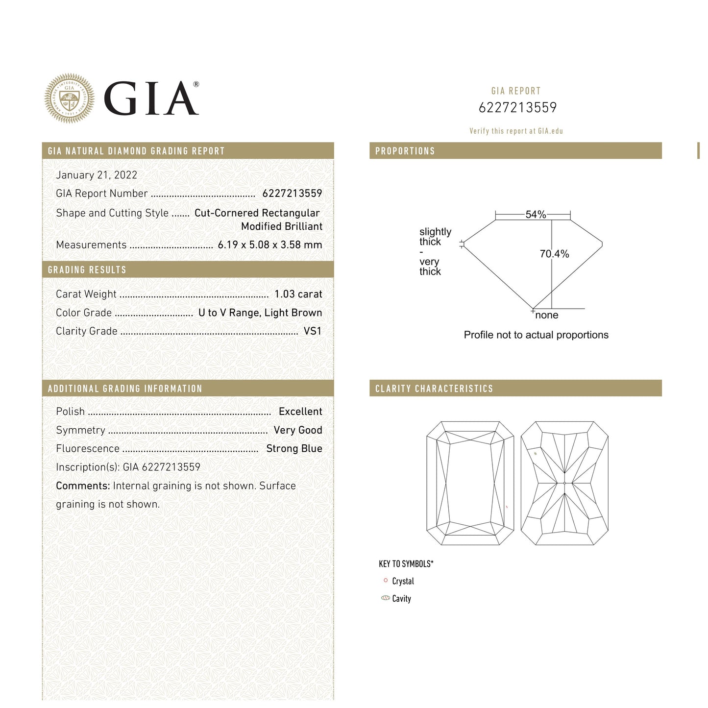 1.03ct 6.19x5.08x3.58mm GIA VS1 UV カット コーナー レクタングル ブリリアント 27058-01