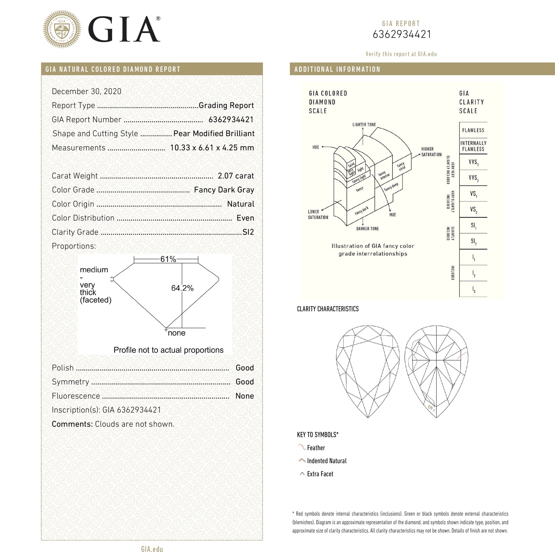 2.07ct 10.33x6.61x4.25mm GIA SI2 ファンシー ダーク グレー ペア ブリリアント 19549-01