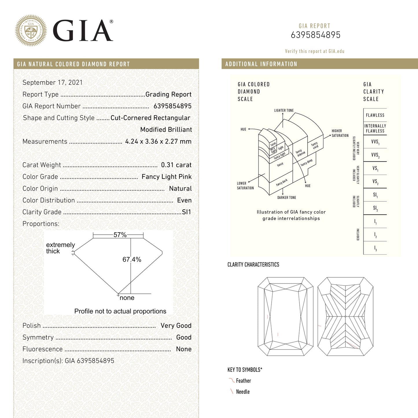 0.31ct 4.24x3.36x2.27mm GIA SI1 ファンシー ピンク カット コーナー レクタングル ブリリアント 24095-01